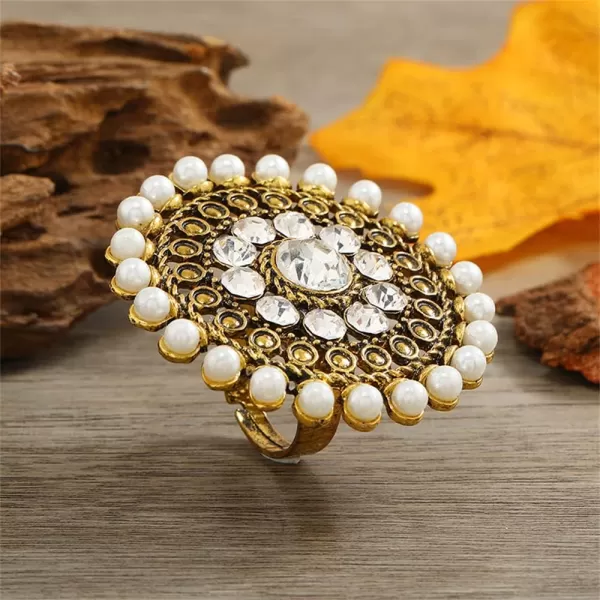 Boho CZ Shell Pearl Statement Ring for Women Girls Gold Tone Antique Mosaic Expandable Adjustable Round Crystal Filigree Open Wrap Finger Rings Comfort Fit Exaggerated Indian Bollywood Party JewelryBoho CZ Shell Pearl Statement Ring for Women Girls Gold Tone Antique Mosaic Expandable Adjustable Round Crystal Filigree Open Wrap Finger Rings Comfort Fit Exaggerated Indian Bollywood Party Jewelry
