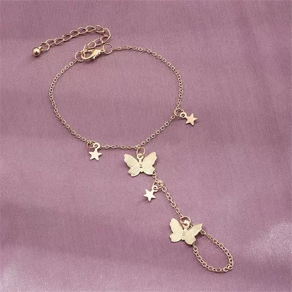 Butterfly Finger Ring Bracelet for Women Dainty Star Slave Hand Chain Harness Bangle Boho Gypsy Bollywood Beach Wedding Retro Party Y2K Jewelry 2 Pieces