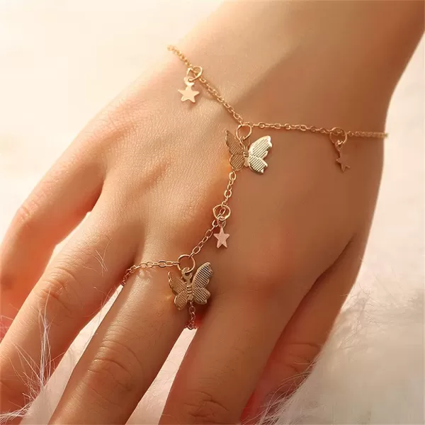 Butterfly Finger Ring Bracelet for Women Dainty Star Slave Hand Chain Harness Bangle Boho Gypsy Bollywood Beach Wedding Retro Party Y2K Jewelry 2 Pieces