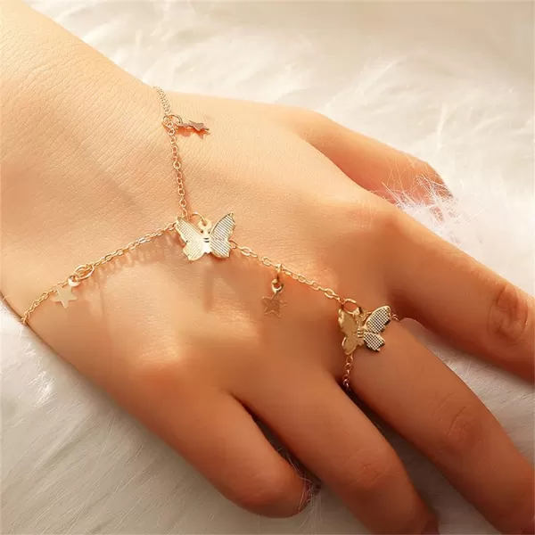 Butterfly Finger Ring Bracelet for Women Dainty Star Slave Hand Chain Harness Bangle Boho Gypsy Bollywood Beach Wedding Retro Party Y2K Jewelry 2 Pieces