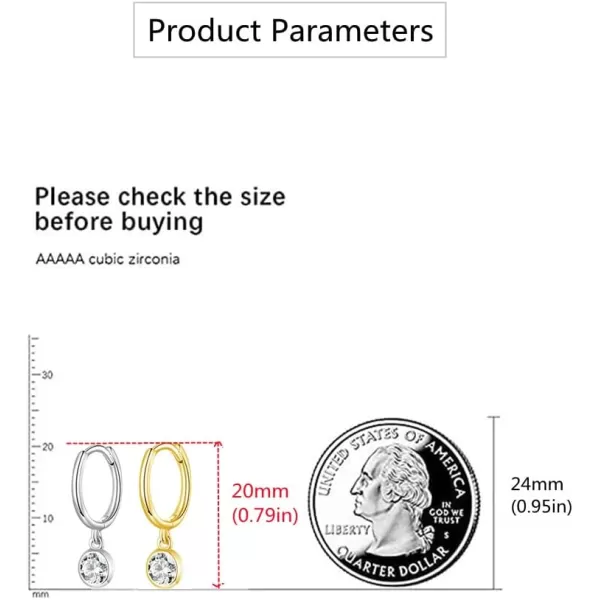 CZ Bezel Dangle Hoop Earrings for Women Girls 925 Sterling Silver Charms Minimalist Tiny Round Cubic Zirconia Drop Dangling Cartilage Helix Tragus Diamond Solicate Hypoallergenic JewelryGold Plated