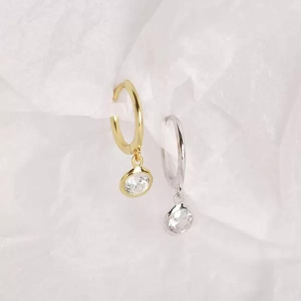 CZ Bezel Dangle Hoop Earrings for Women Girls 925 Sterling Silver Charms Minimalist Tiny Round Cubic Zirconia Drop Dangling Cartilage Helix Tragus Diamond Solicate Hypoallergenic JewelrySilver