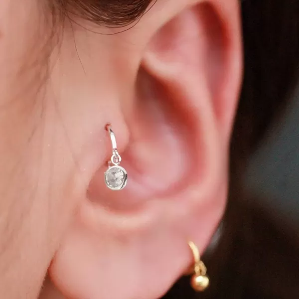 CZ Bezel Dangle Hoop Earrings for Women Girls 925 Sterling Silver Charms Minimalist Tiny Round Cubic Zirconia Drop Dangling Cartilage Helix Tragus Diamond Solicate Hypoallergenic JewelrySilver