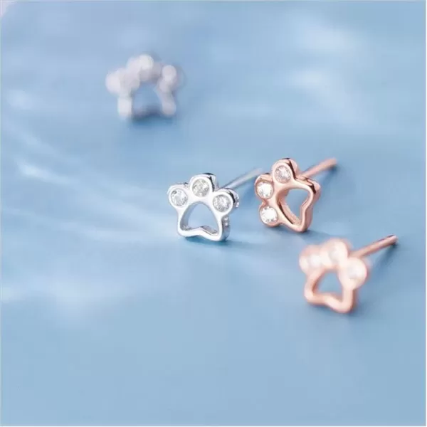 CZ Paw Earrings for Women Girls S925 Sterling Silver Cubic Zirconia Tiny Stud Tragus Post Pin Cute Paw Kitten Cat Puppy Dog Print Earrings Hypoallergenic Jewelry Gift for Pet Loversilver