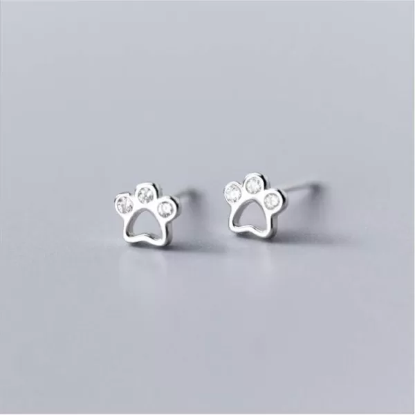 CZ Paw Earrings for Women Girls S925 Sterling Silver Cubic Zirconia Tiny Stud Tragus Post Pin Cute Paw Kitten Cat Puppy Dog Print Earrings Hypoallergenic Jewelry Gift for Pet Loversilver