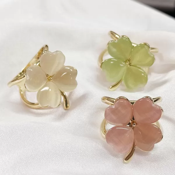 Clover Leaf Silk Scarf Ring Clip Brooch for Women Girls Gold Plated Artificial Color Birthstone Lucky Shamrock Flower Statement Finger Rings Size 85 Cute Shawl Scarves Dress Accessories Christmas StPatricks Day Jewelry GiftPink