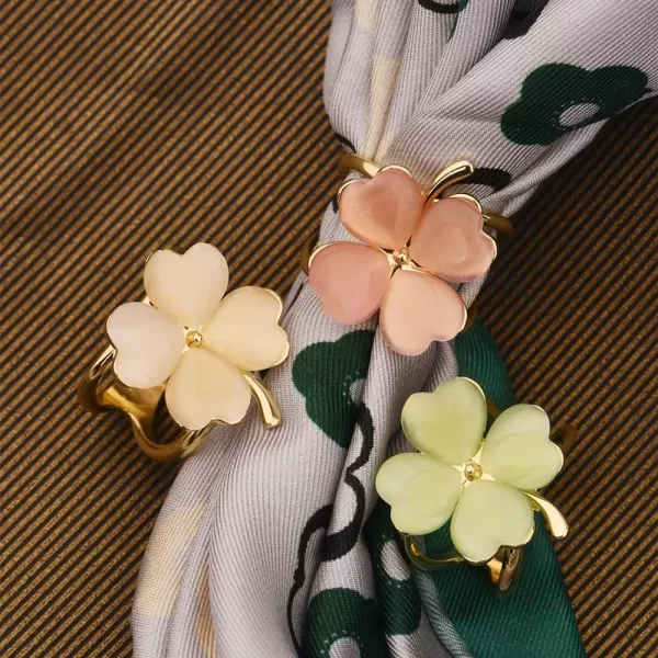 Clover Leaf Silk Scarf Ring Clip Brooch for Women Girls Gold Plated Artificial Color Birthstone Lucky Shamrock Flower Statement Finger Rings Size 85 Cute Shawl Scarves Dress Accessories Christmas StPatricks Day Jewelry GiftPink