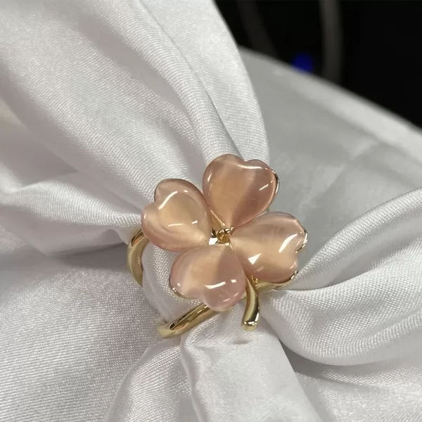 Clover Leaf Silk Scarf Ring Clip Brooch for Women Girls Gold Plated Artificial Color Birthstone Lucky Shamrock Flower Statement Finger Rings Size 85 Cute Shawl Scarves Dress Accessories Christmas StPatricks Day Jewelry GiftPink