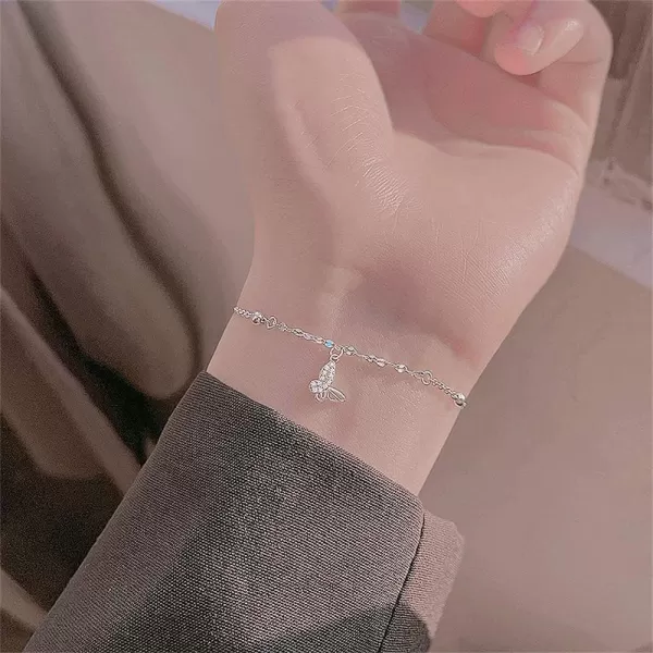 Crystal Butterfly Bracelet for Women Girls Sterling Silver Cute Ball Bead Adjustable Charm Link Bracelets Fashion Lucky Birthday Wedding Christmas Jewelry Gifts for Daughter Sister Friend