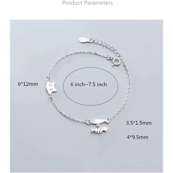 Cute Cat and Fish Sterling Silver Bracelet for Cubic Zirconia Micro Crystal Kitten Head Fishbone Charm Hand Chain Dainty Hypoallergenic Jewelry for Daughter Niece