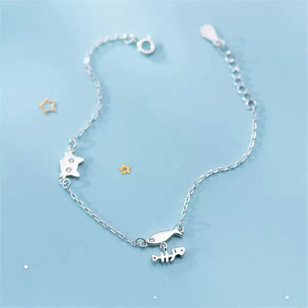 Cute Cat and Fish Sterling Silver Bracelet for Cubic Zirconia Micro Crystal Kitten Head Fishbone Charm Hand Chain Dainty Hypoallergenic Jewelry for Daughter Niece