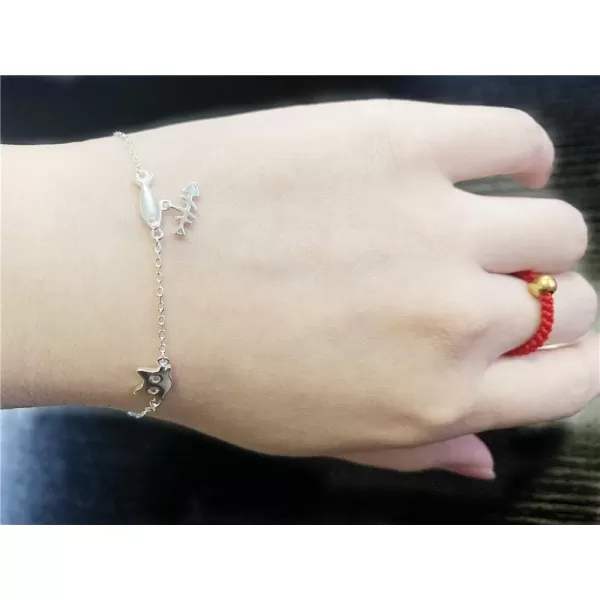 Cute Cat and Fish Sterling Silver Bracelet for Cubic Zirconia Micro Crystal Kitten Head Fishbone Charm Hand Chain Dainty Hypoallergenic Jewelry for Daughter Niece