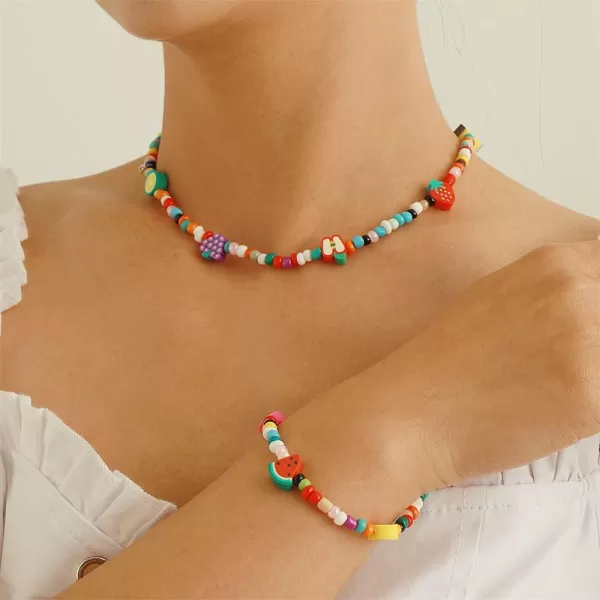 Cute Fruit Bead Seeds Jewelry Set Necklace Bracelet for Women Girls Sweet Colorful Ball Beads Chain Boho Adjustable Handmade Sets Birthday Summer Beach Trip Vacation Y2K Jewelry