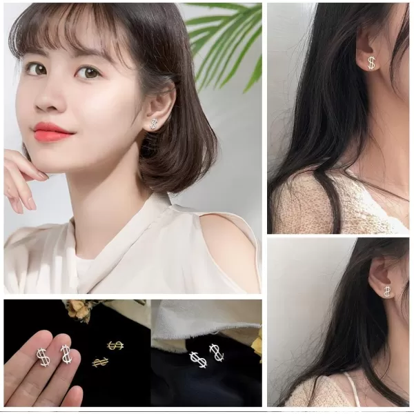 Cute Money Sign Stud Earrings for Women Girls S925 Sterling Silver Minimalist Small US Dollar Symbol Alphabet Punk Tragus Hypoallergenic Piercing Ear Christmas Holiday Souvenir Unique GiftsSilver