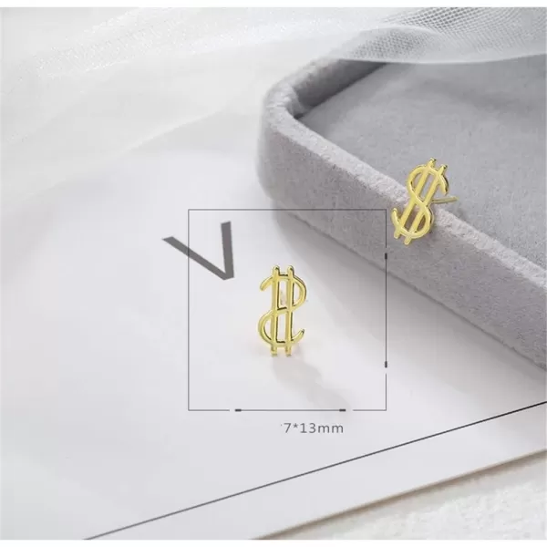 Cute Money Sign Stud Earrings for Women Girls S925 Sterling Silver Minimalist Small US Dollar Symbol Alphabet Punk Tragus Hypoallergenic Piercing Ear Christmas Holiday Souvenir Unique GiftsGold