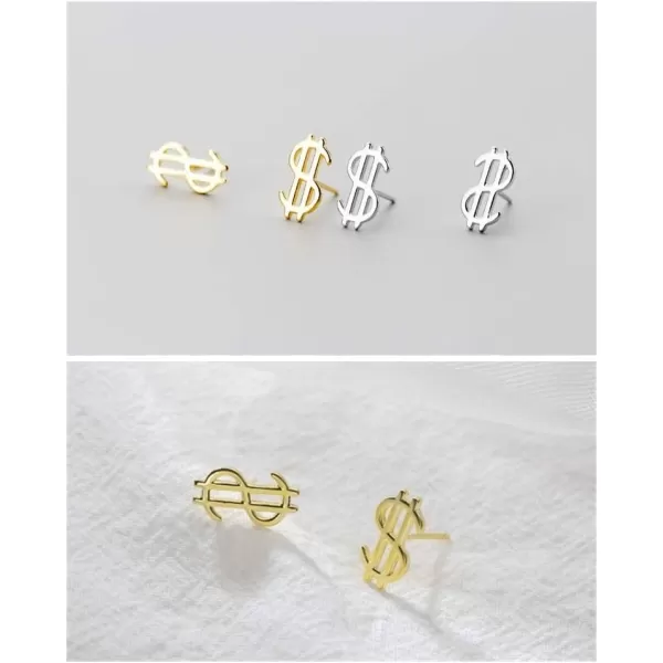 Cute Money Sign Stud Earrings for Women Girls S925 Sterling Silver Minimalist Small US Dollar Symbol Alphabet Punk Tragus Hypoallergenic Piercing Ear Christmas Holiday Souvenir Unique GiftsGold
