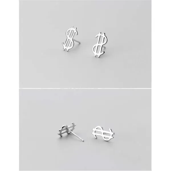 Cute Money Sign Stud Earrings for Women Girls S925 Sterling Silver Minimalist Small US Dollar Symbol Alphabet Punk Tragus Hypoallergenic Piercing Ear Christmas Holiday Souvenir Unique GiftsSilver