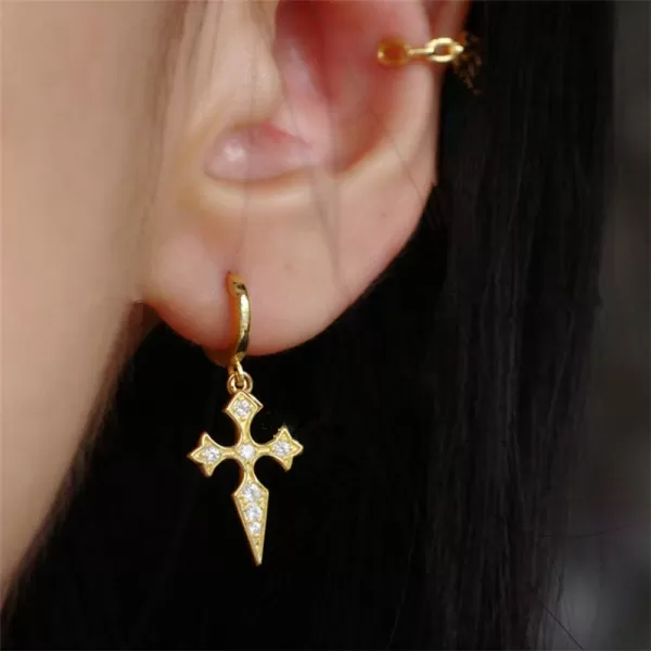Dainty CZ Cross Dangle Hoop Earrings for Women Girls S925 Sterling Silver with Charms Cubic Zirconia Vintage Boho Baroque Crisscross Religious Drop Dangling Tiny Huggie Hoops Cartilage Helix JewelryGold Plated