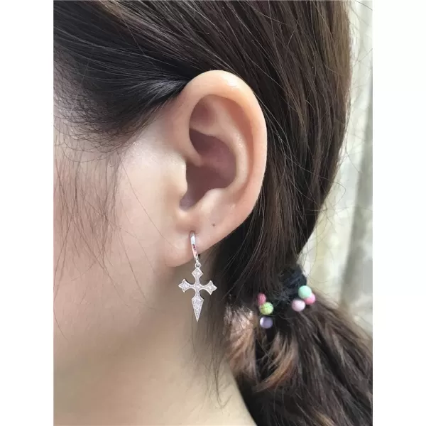 Dainty CZ Cross Dangle Hoop Earrings for Women Girls S925 Sterling Silver with Charms Cubic Zirconia Vintage Boho Baroque Crisscross Religious Drop Dangling Tiny Huggie Hoops Cartilage Helix JewelrySilver