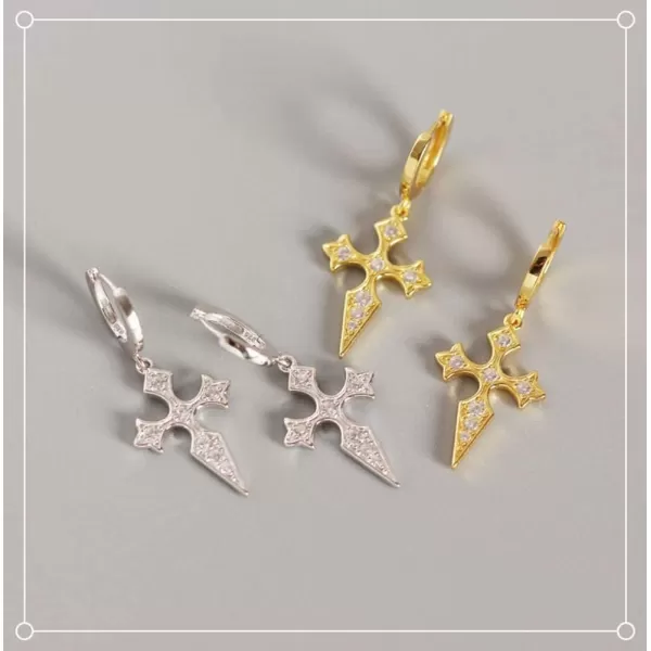 Dainty CZ Cross Dangle Hoop Earrings for Women Girls S925 Sterling Silver with Charms Cubic Zirconia Vintage Boho Baroque Crisscross Religious Drop Dangling Tiny Huggie Hoops Cartilage Helix JewelryGold Plated