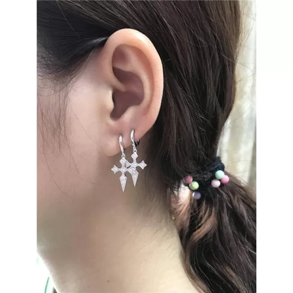 Dainty CZ Cross Dangle Hoop Earrings for Women Girls S925 Sterling Silver with Charms Cubic Zirconia Vintage Boho Baroque Crisscross Religious Drop Dangling Tiny Huggie Hoops Cartilage Helix JewelrySilver