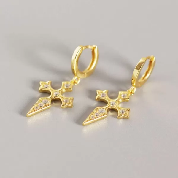 Dainty CZ Cross Dangle Hoop Earrings for Women Girls S925 Sterling Silver with Charms Cubic Zirconia Vintage Boho Baroque Crisscross Religious Drop Dangling Tiny Huggie Hoops Cartilage Helix JewelryGold Plated