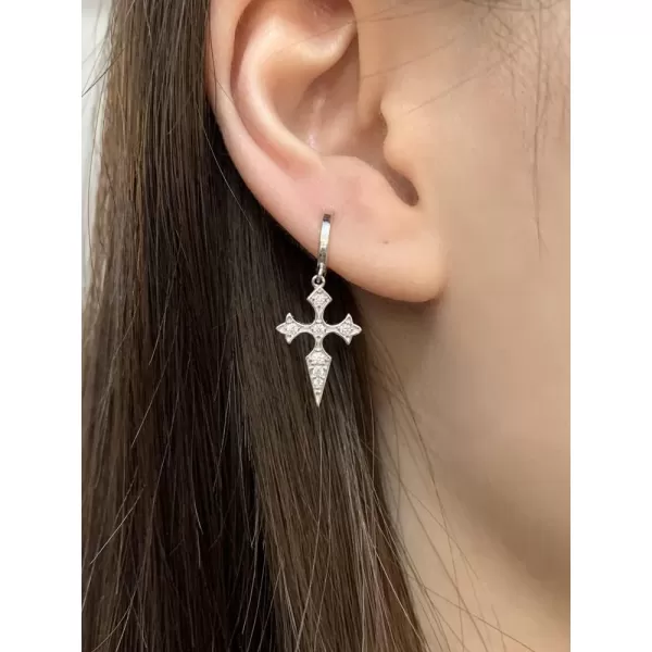Dainty CZ Cross Dangle Hoop Earrings for Women Girls S925 Sterling Silver with Charms Cubic Zirconia Vintage Boho Baroque Crisscross Religious Drop Dangling Tiny Huggie Hoops Cartilage Helix JewelrySilver