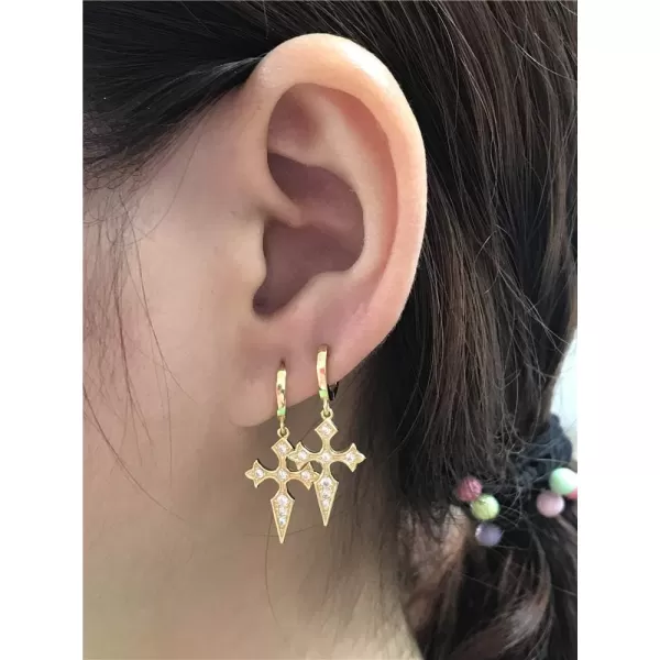 Dainty CZ Cross Dangle Hoop Earrings for Women Girls S925 Sterling Silver with Charms Cubic Zirconia Vintage Boho Baroque Crisscross Religious Drop Dangling Tiny Huggie Hoops Cartilage Helix JewelryGold Plated