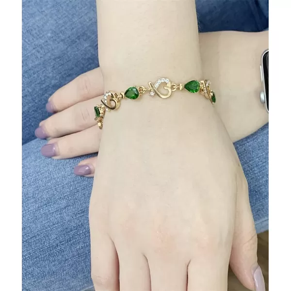 Diamond Heart Bracelet for Women Girls 14 Gold Plated Cubic Zirconia Green Teardrop Birthstone Infinity Love Shaped Elegant Charm Chain Birthday Wedding Christmas Valentine Jewelry Gift 8 Inches