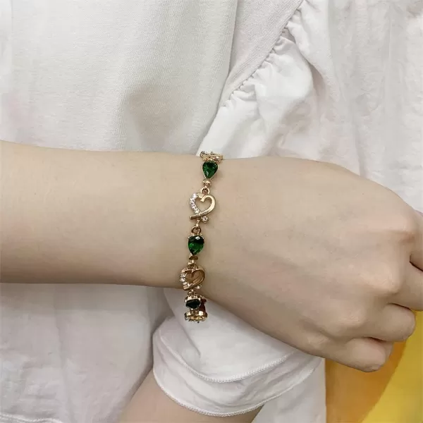 Diamond Heart Bracelet for Women Girls 14 Gold Plated Cubic Zirconia Green Teardrop Birthstone Infinity Love Shaped Elegant Charm Chain Birthday Wedding Christmas Valentine Jewelry Gift 8 Inches