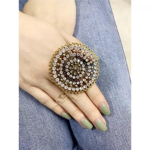 Dtja Boho Exaggerated CZ Statement Ring for Women Girls Adjustable Bohemian Antique Mosaic Crystal Expandable Big Open Wrap Finger Rings Comfort Fit Retro Indian Bollywood Style JewelryGold Flower