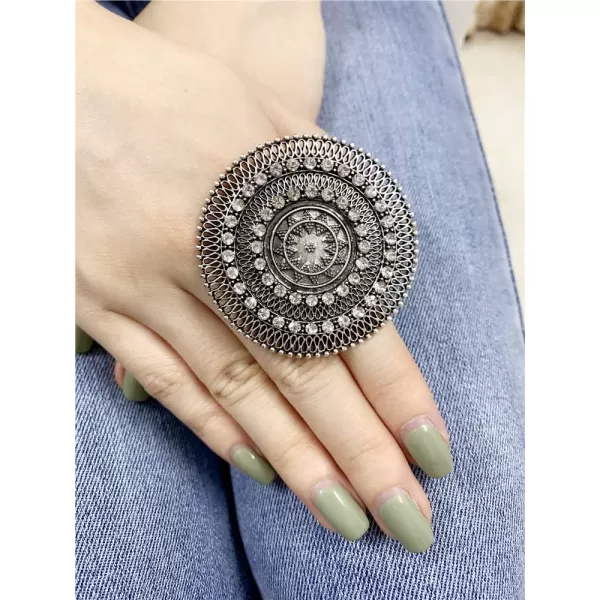 Dtja Boho Exaggerated CZ Statement Ring for Women Girls Adjustable Bohemian Antique Mosaic Crystal Expandable Big Open Wrap Finger Rings Comfort Fit Retro Indian Bollywood Style JewelrySilver Star