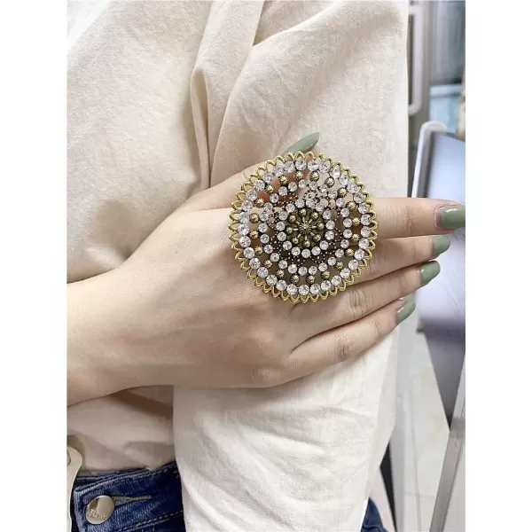 Dtja Boho Exaggerated CZ Statement Ring for Women Girls Adjustable Bohemian Antique Mosaic Crystal Expandable Big Open Wrap Finger Rings Comfort Fit Retro Indian Bollywood Style JewelryGold Flower