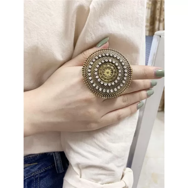 Dtja Boho Exaggerated CZ Statement Ring for Women Girls Adjustable Bohemian Antique Mosaic Crystal Expandable Big Open Wrap Finger Rings Comfort Fit Retro Indian Bollywood Style JewelryGold Star