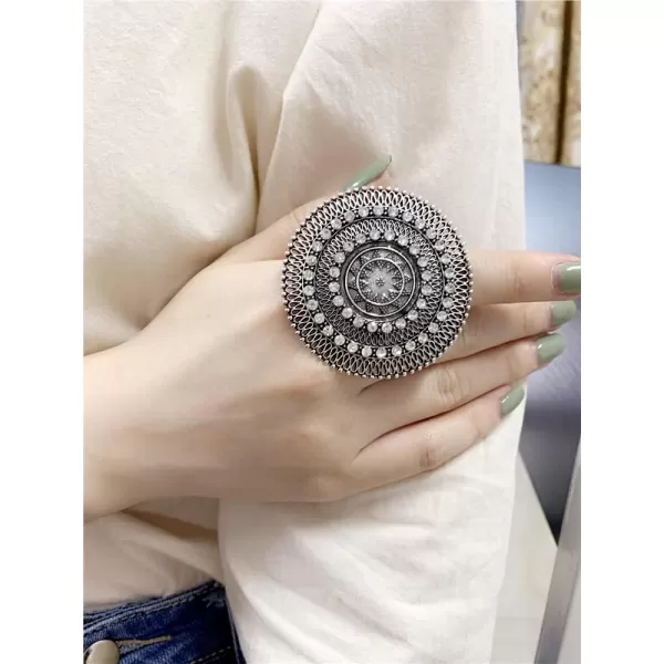 Dtja Boho Exaggerated CZ Statement Ring for Women Girls Adjustable Bohemian Antique Mosaic Crystal Expandable Big Open Wrap Finger Rings Comfort Fit Retro Indian Bollywood Style JewelrySilver Star