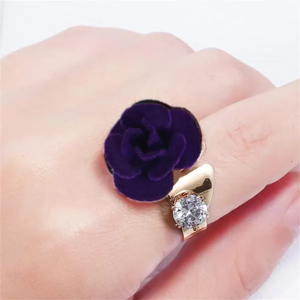 Dtja CZ Flower Wedding Ring for Women Girls Statement Engagement Round Rhinestone Suede Rose Adjustable Open Band Finger Rings Comfort Fit Cocktail Party Vintage Y2K Jewelry GiftPurple