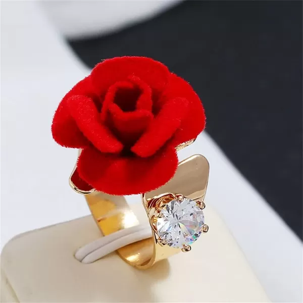 Dtja CZ Flower Wedding Ring for Women Girls Statement Engagement Round Rhinestone Suede Rose Adjustable Open Band Finger Rings Comfort Fit Cocktail Party Vintage Y2K Jewelry GiftRed