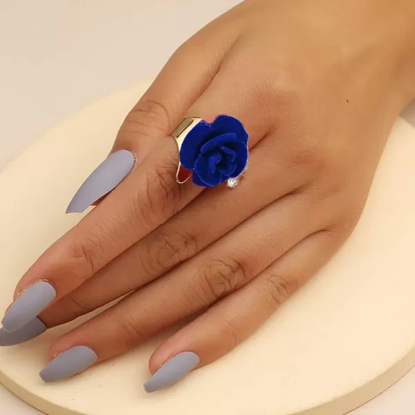 Dtja CZ Flower Wedding Ring for Women Girls Statement Engagement Round Rhinestone Suede Rose Adjustable Open Band Finger Rings Comfort Fit Cocktail Party Vintage Y2K Jewelry GiftBlue