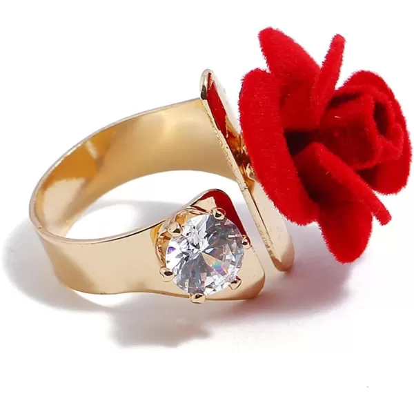 Dtja CZ Flower Wedding Ring for Women Girls Statement Engagement Round Rhinestone Suede Rose Adjustable Open Band Finger Rings Comfort Fit Cocktail Party Vintage Y2K Jewelry GiftRed