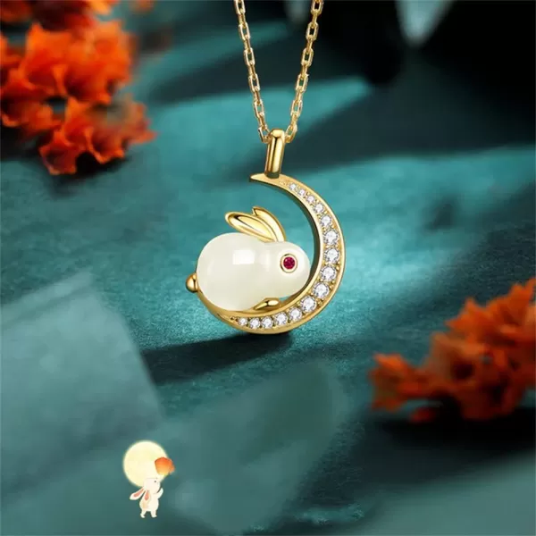 Dtja Gold Plated Rabbit Moon Pendant Necklace for Women Girls Cubic Zirconia Artificial Jade Bunny Animal Adjustable Choker Chain Necklaces Delicate Cute Easter Birthday Holiday Jewelry Gift 18 inchwith Crescent