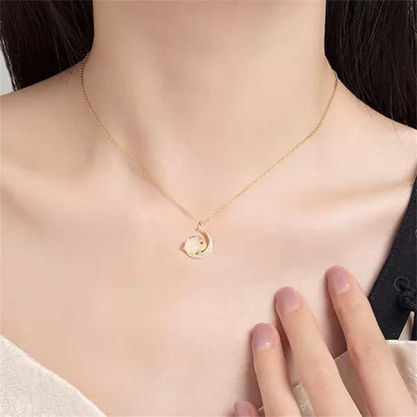 Dtja Gold Plated Rabbit Moon Pendant Necklace for Women Girls Cubic Zirconia Artificial Jade Bunny Animal Adjustable Choker Chain Necklaces Delicate Cute Easter Birthday Holiday Jewelry Gift 18 inchwith Crescent