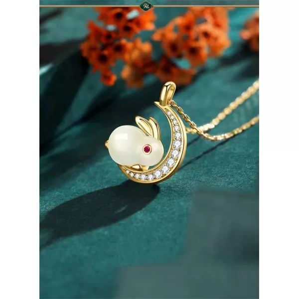 Dtja Gold Plated Rabbit Moon Pendant Necklace for Women Girls Cubic Zirconia Artificial Jade Bunny Animal Adjustable Choker Chain Necklaces Delicate Cute Easter Birthday Holiday Jewelry Gift 18 inchwith Crescent