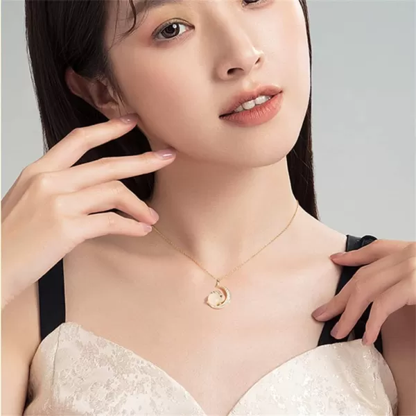 Dtja Gold Plated Rabbit Moon Pendant Necklace for Women Girls Cubic Zirconia Artificial Jade Bunny Animal Adjustable Choker Chain Necklaces Delicate Cute Easter Birthday Holiday Jewelry Gift 18 inchwith Crescent