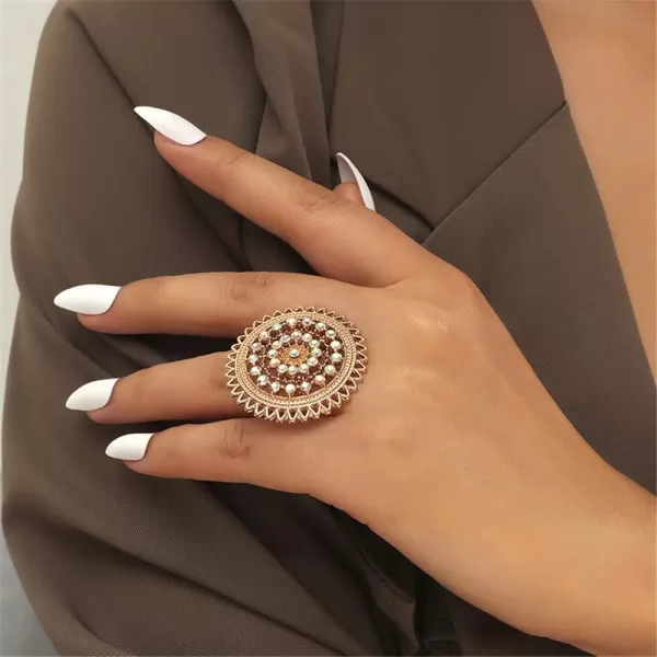 Dtja Vintage Big Round Statement Ring for Women Girls Boho Antique Mosaic Crystal CZ Expandable Open Wrap Finger Rings Adjustable Comfort Fit Indian Bollywood Style Exaggerated JewelryLacy
