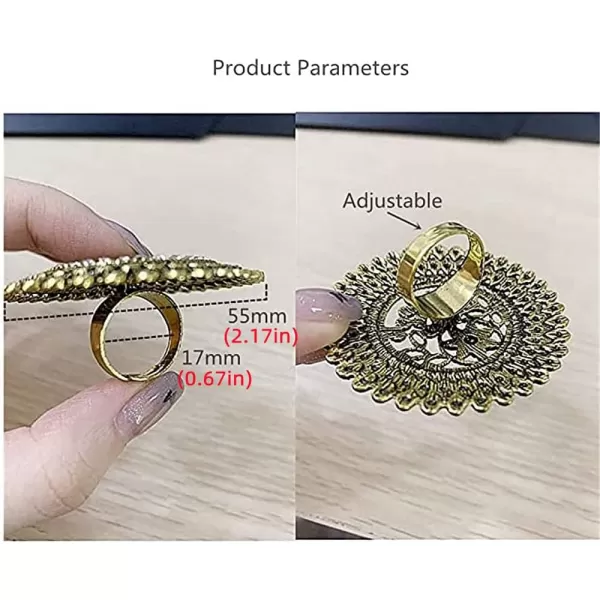 Dtja Vintage Big Round Statement Ring for Women Girls Boho Antique Mosaic Crystal CZ Expandable Open Wrap Finger Rings Adjustable Comfort Fit Indian Bollywood Style Exaggerated JewelryFlower