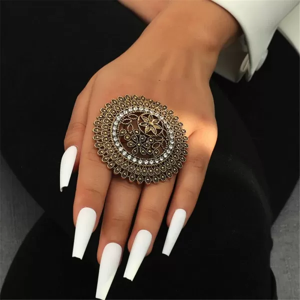 Dtja Vintage Big Round Statement Ring for Women Girls Boho Antique Mosaic Crystal CZ Expandable Open Wrap Finger Rings Adjustable Comfort Fit Indian Bollywood Style Exaggerated JewelryFlower