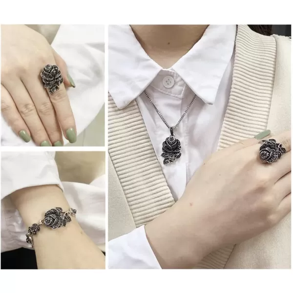 Dtja Vintage CZ Rose Flower Earrings Pendant Necklace Bracelet Jewelry Set for Women Girl Silvery Black Crystal Boho Wedding Cocktail Party Mothers Day Jewelry Gifts 5 PCs