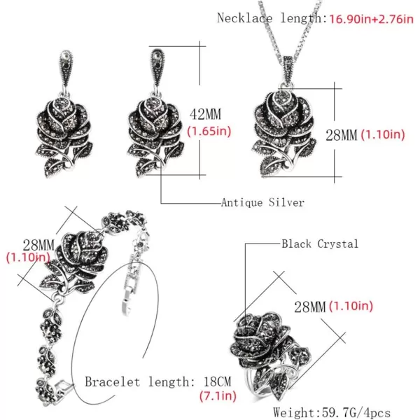 Dtja Vintage CZ Rose Flower Earrings Pendant Necklace Bracelet Jewelry Set for Women Girl Silvery Black Crystal Boho Wedding Cocktail Party Mothers Day Jewelry Gifts 5 PCs