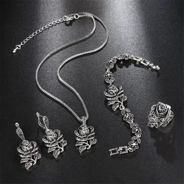 Dtja Vintage CZ Rose Flower Earrings Pendant Necklace Bracelet Jewelry Set for Women Girl Silvery Black Crystal Boho Wedding Cocktail Party Mothers Day Jewelry Gifts 5 PCs