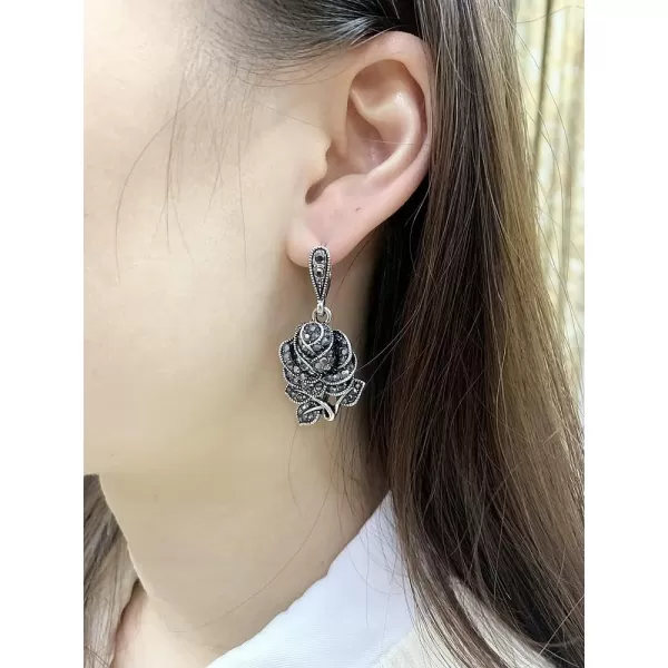 Dtja Vintage CZ Rose Flower Earrings Pendant Necklace Bracelet Jewelry Set for Women Girl Silvery Black Crystal Boho Wedding Cocktail Party Mothers Day Jewelry Gifts 5 PCs